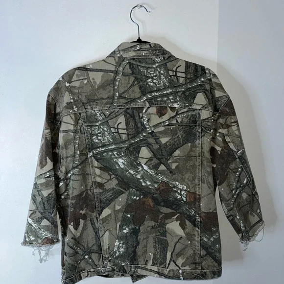 SHEIN RealTree Style Camo Raw Hem 3/4 Sleeve Gorpcore Trucker Denim Jacket- Sz M - Picture 5 of 9